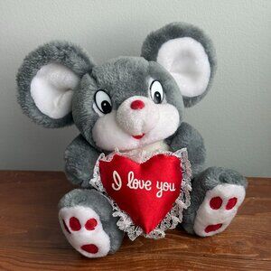 90s Vintage Mouse I Love You Red Lace Heart Plushie Uni-Toys Germany Valentines